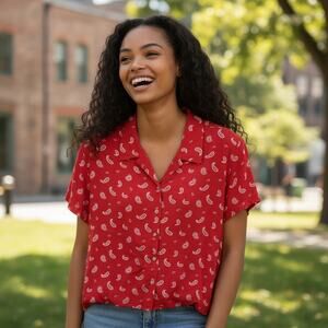 Villager Sport Red Paisley Print Rayon Shirt Size L Short Sleeve Top